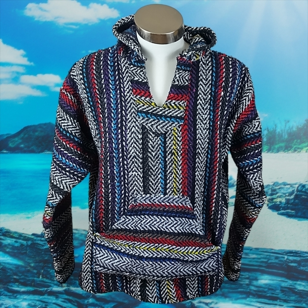 Vintage BAJA JOE Hippie Boho Mexican Surf Hooded Rug Pullover Poncho Sz Small
